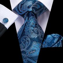 3PCS Men Floral Ties Peacock Blue Silk Necktie Pocket Square Cufflinks Wedding Office Dinner Gift For Men - 藍色 - 查看 1