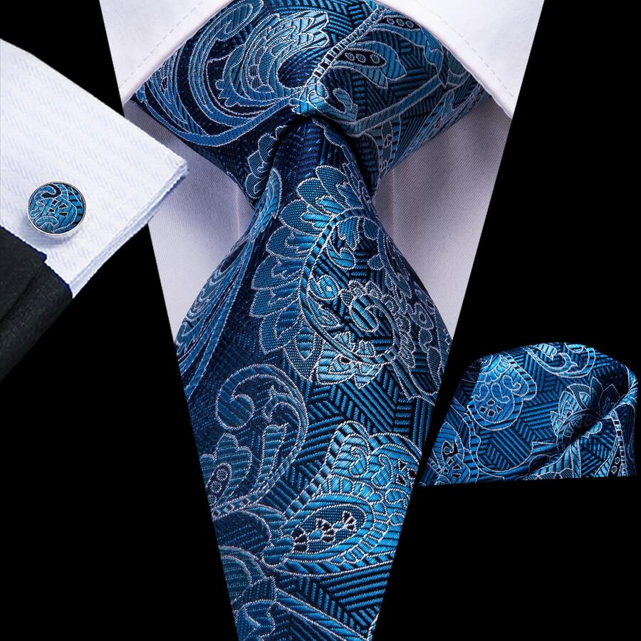 3PCS Men Floral Ties Peacock Blue Silk Necktie Pocket Square Cufflinks Wedding Office Dinner Gift For Men - 藍色 - 查看 1
