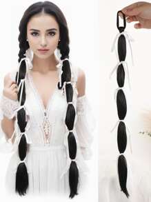Wig Braid Ballet Style Girly Bowknot Ribbon Tied Foam Bubble Braid Sweet Natural Double Ponytail - Black - View 1