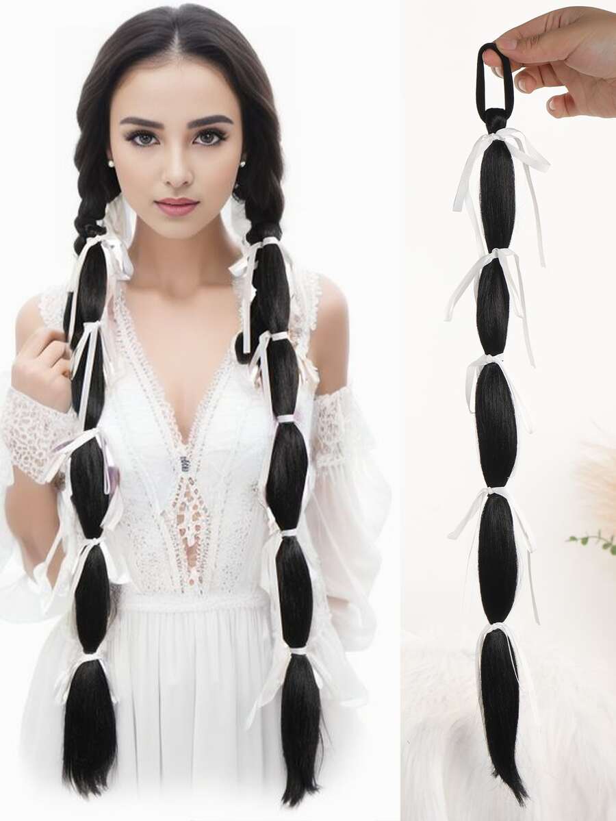 Wig Braid Ballet Style Girly Bowknot Ribbon Tied Foam Bubble Braid Sweet Natural Double Ponytail - Black - View 1