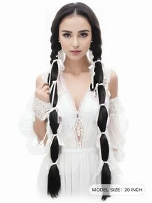 Wig Braid Ballet Style Girly Bowknot Ribbon Tied Foam Bubble Braid Sweet Natural Double Ponytail - Black - View 2