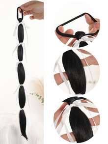 Wig Braid Ballet Style Girly Bowknot Ribbon Tied Foam Bubble Braid Sweet Natural Double Ponytail - Black - View 5