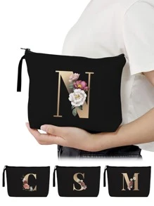 首字母金色個人化名字列印便攜式化妝包旅行帶拉鍊掛繩存儲洗漱包旅行輕便化妝收納袋收納袋洗漱包化妝包化妝收納袋旅行浴室大學宿舍女士女孩禮物口紅袋 - 黑色 - 查看 1