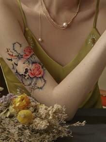 人體藝術臨時紋身貼紙,1 件時尚骷髏和玫瑰設計防水紋身,粉紅色荊棘和藤蔓一次性假紋身貼紙適用於手臂和腿部,大號水轉印肩貼紙非常適合女性和女孩 - 黑色 - 查看 2