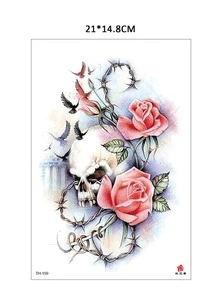 人體藝術臨時紋身貼紙,1 件時尚骷髏和玫瑰設計防水紋身,粉紅色荊棘和藤蔓一次性假紋身貼紙適用於手臂和腿部,大號水轉印肩貼紙非常適合女性和女孩 - 黑色 - 查看 4