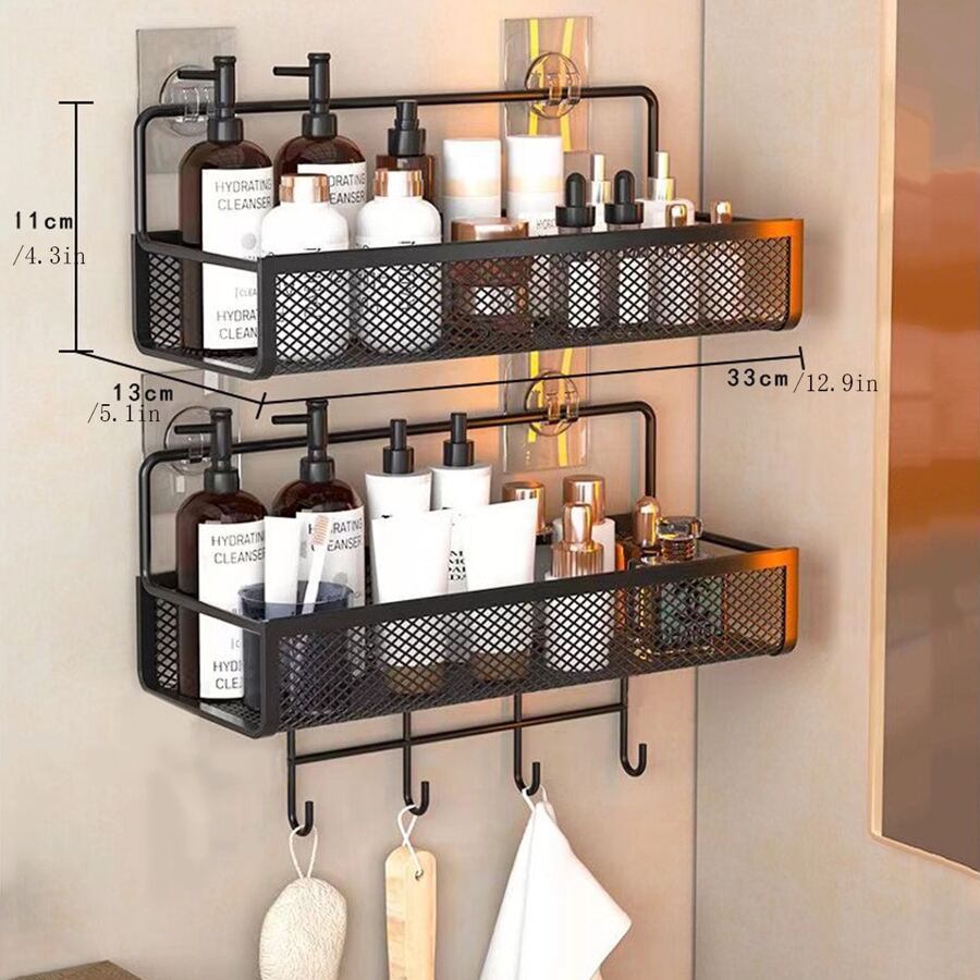 1 件装铁制浴室置物架带挂钩，可挂牙刷、毛巾、洗手液，适用于洗手间壁挂式储物架，无需钻孔 - 黑色 - 查看 1