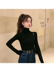 女士高領修身純色長袖t恤,韓式百搭內搭衣