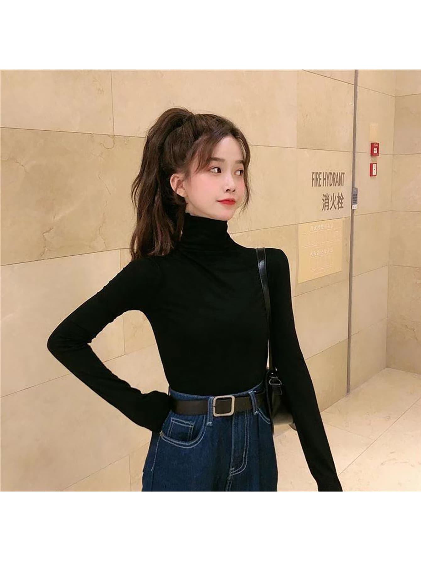 女士高領修身純色長袖t恤,韓式百搭內搭衣