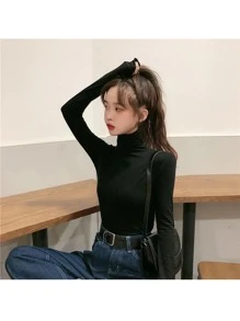 女士高領修身純色長袖t恤,韓式百搭內搭衣