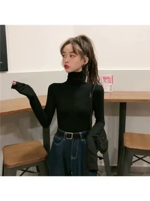 女士高領修身純色長袖t恤,韓式百搭內搭衣