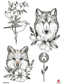 Temporary Tattoo Sticker, 1pc Animal And Plant Patterned Paper Tattoo Sticker, Lovely Wolf And Bird Tattoo, Disposable Couple Tattoo Paper, Suitable For Valentine's Day, Waterproof Tattoo Sticker For Couple - Black - View 6