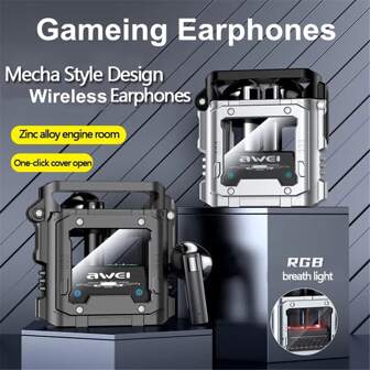 1 件银色无线游戏耳机，带 RGB 灯、充电盒、锌合金机甲风格设计、钛膜双动圈、ANC 和 ENC 降噪、立体声、低延迟、TWS 无线音乐耳机、运动耳机、IPX6 防水
