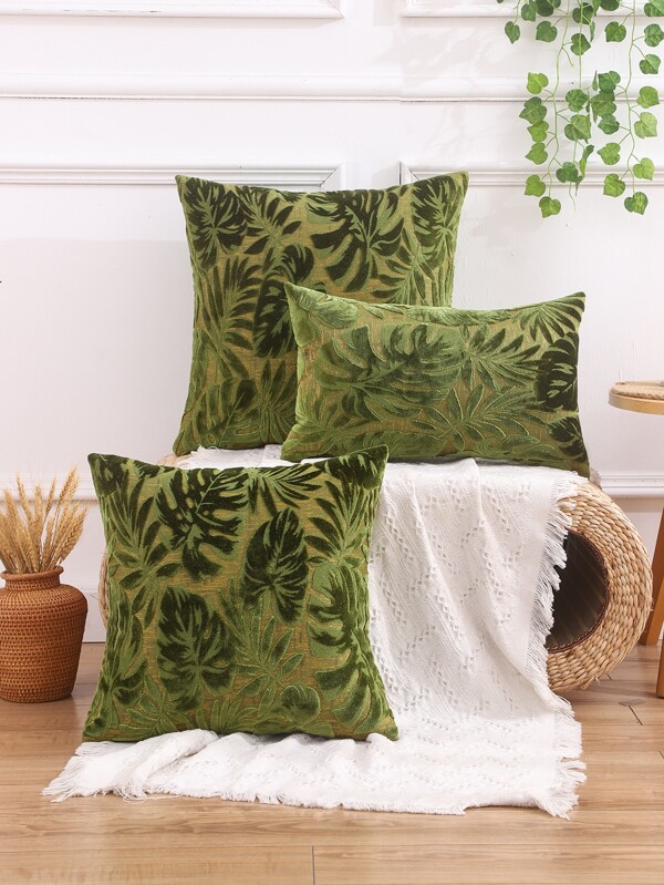Miater Leaf Jacquard Cushion Cover Without Filler, Green Throw Pillowcase For Sofa, Home Decor