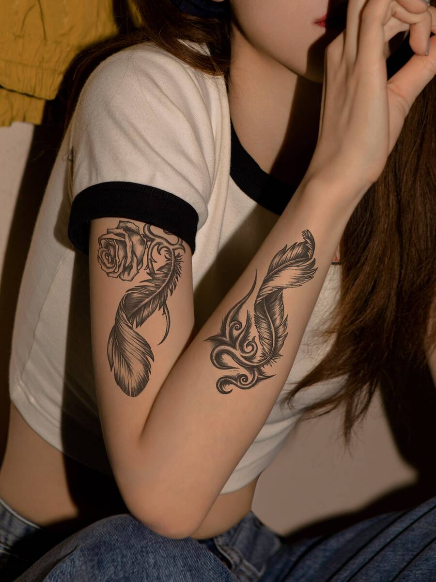 1片暫時性紋身貼紙,假紋身羽毛花朵玫瑰中性性感水轉印防水大貼紙 - 黑色 - 查看 1