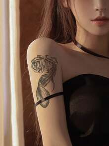 1片暫時性紋身貼紙,假紋身羽毛花朵玫瑰中性性感水轉印防水大貼紙 - 黑色 - 查看 2