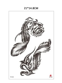 1片暫時性紋身貼紙,假紋身羽毛花朵玫瑰中性性感水轉印防水大貼紙 - 黑色 - 查看 4