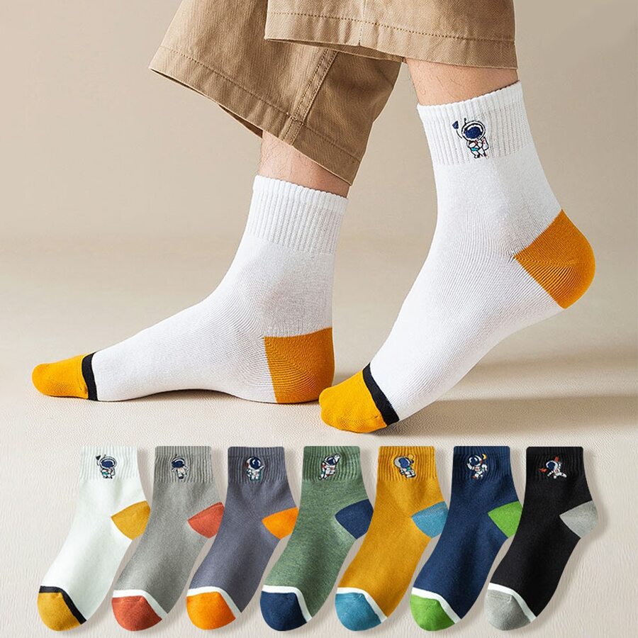 7pairs/Set Men's Astronaut Mid Calf Socks - Multicolor - View 1
