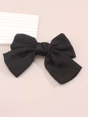 1pc New Style Black Satin Fabric Hair Clip With Large Bowknot Design, Suitable For Back Of The Head Or Top Of Head