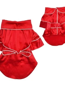 1pc Satin Solid Color Handmade Trim Waistband Comfortable Pet Pajamas For Cats And Dogs, All-Season Wearable Home Loungewear Sleepwear, Christmas Decoration - Red - View 9
