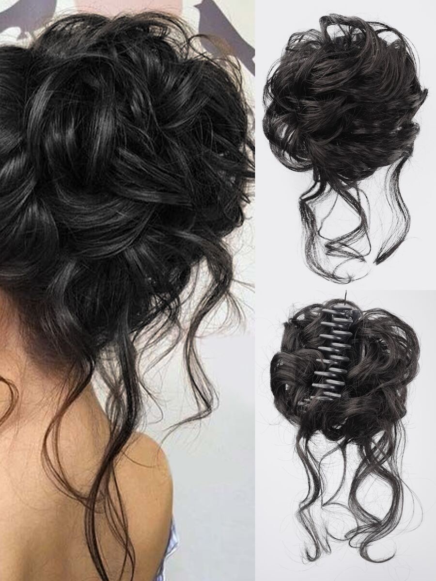 Synthetic Messy Curly Claw Hair Bun Chignon Hair Extensions Scrunchy Fake False Black Hair With Tail For Women Hairpieces - Black - View 1