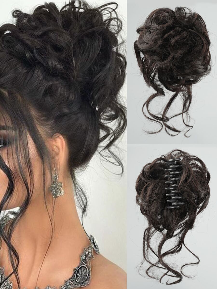 Synthetic Messy Curly Claw Hair Bun Chignon Hair Extensions Scrunchy Fake False Brown Black Hair With Tail For Women Hairpieces - Black-brown - View 1