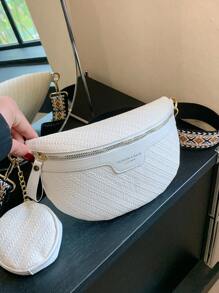White Fashionable Pu Bum Bag With Letter Print And Coin Purse - White - View 4