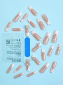 24片长方形美甲贴纸，高品质白色法式风格，饰有3D蝴蝶和水钻，甜美全覆盖，适合女性和女孩日常、办公、居家、派对等场合使用。 - 彩色 - 查看 3