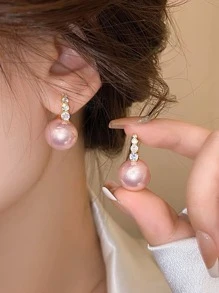 1 Pair Elegant & Exquisite Pink Faux Pearl Hollow Out And Inlaid Rhinestone Female Hoop Earrings - Multicolor - View 3