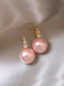 1 Pair Elegant & Exquisite Pink Faux Pearl Hollow Out And Inlaid Rhinestone Female Hoop Earrings - Multicolor - View 5
