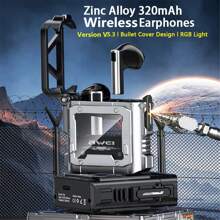 1 件银色无线游戏耳机，带 RGB 灯、充电盒、锌合金机甲风格设计、钛膜双动圈、ANC 和 ENC 降噪、立体声、低延迟、TWS 无线音乐耳机、运动耳机、IPX6 防水 - 銀色 - 查看 2