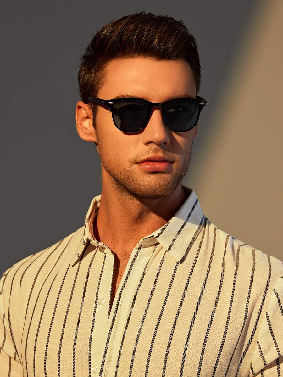 1 件男士经典黑色几何方形装饰时尚眼镜，适合夏季户外活动休闲太阳镜配饰沙滩配饰眼镜太阳镜，适合夏季海滩度假、户外、旅行 - 灰色 - 查看 1