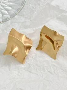 1 对新款时尚复古不对称褶皱几何镜面耳环，适合女士晚会或节日服装装饰 - 金黃色 - 查看 2