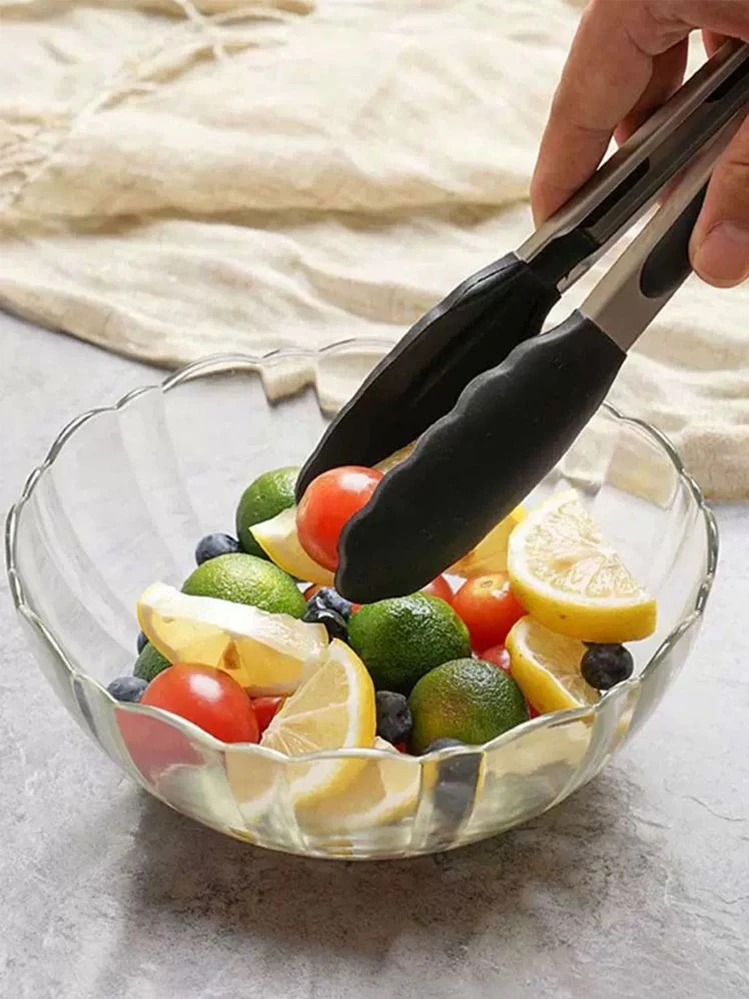 Pinza De Comida De Silicona De 9 Pulgadas, Pinza De Barbacoa De Cocina De Acero Inoxidable Para Bistec, Pinza De Comida Para Horno Resistente A Altas Temperaturas, Pinza De Barbacoa - Negro - Añade 3