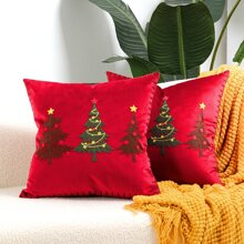 1pc Soft Velvet Christmas Tree Embroidered Pillow Cover , 45*45CM , Red - Merah - View 6