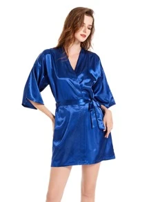 1件仿羊毛絲質束腰浴衣 - 藍色 - 查看 1