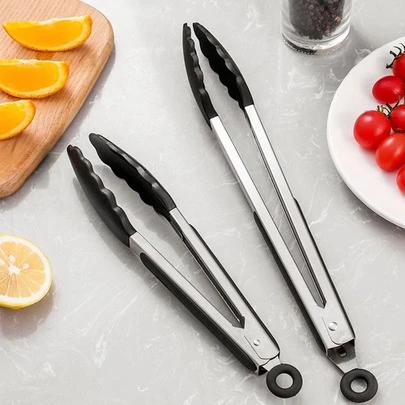 9英寸矽膠食物夾,不銹鋼廚房燒烤牛排夾,高溫烤箱食品夾,燒烤夾