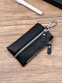 荔枝紋壓花鑰匙包帶拉鍊車支架殼套 - 黑色 - 查看 3