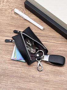 荔枝紋壓花鑰匙包帶拉鍊車支架殼套 - 黑色 - 查看 1