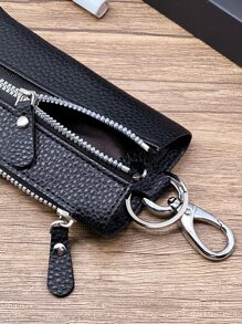 荔枝紋壓花鑰匙包帶拉鍊車支架殼套 - 黑色 - 查看 5