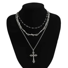 1pc Gothic Style Cross Pendant Choker Necklace With Lock Decoration And Cror Heart Detail - multi-layered cross - View 3