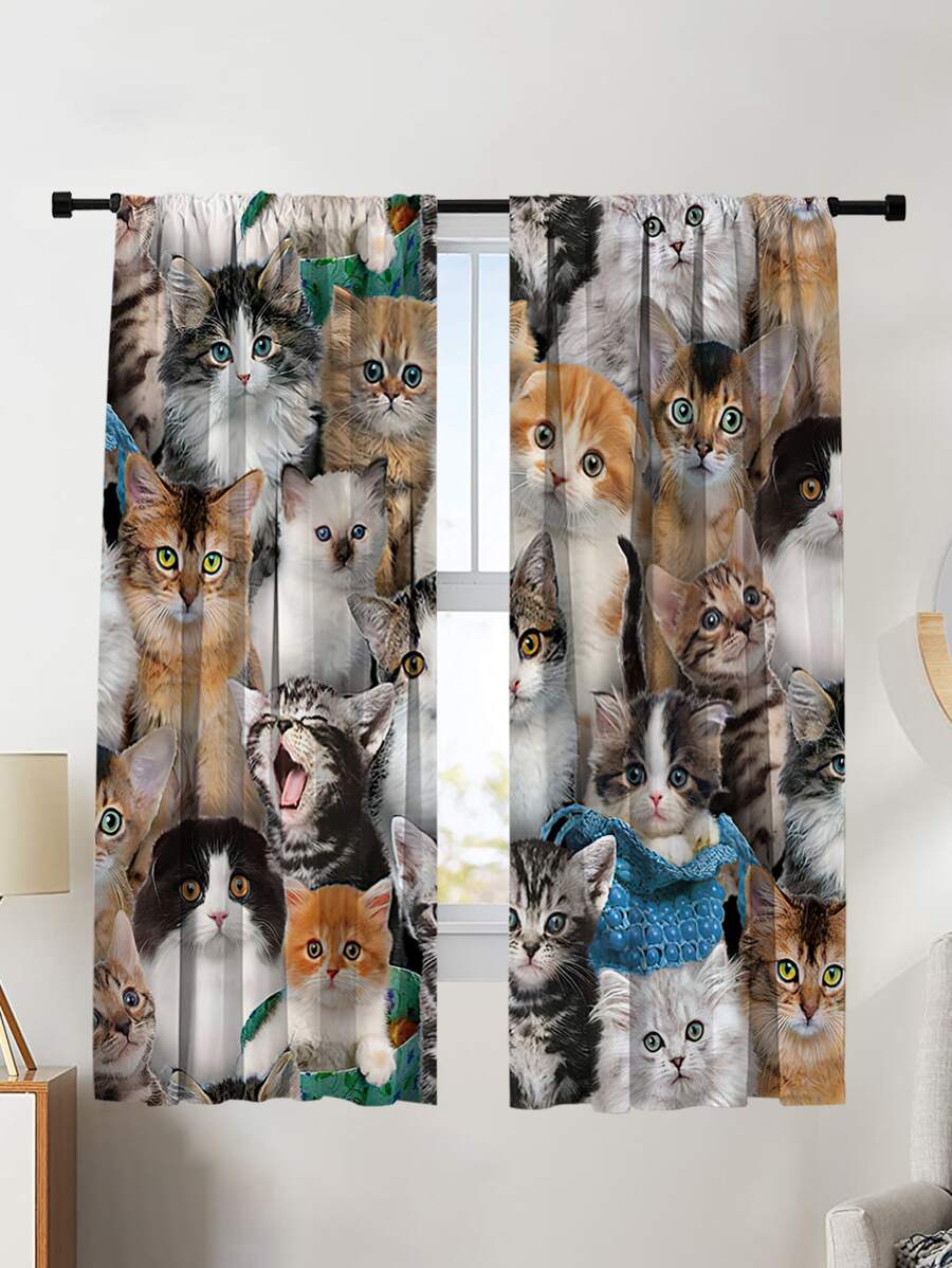 2pcs/Set Cat Printed Blackout Curtains