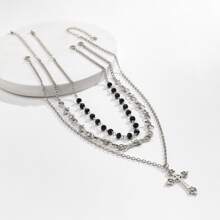 1pc Gothic Style Cross Pendant Choker Necklace With Lock Decoration And Cror Heart Detail - multi-layered cross - View 4