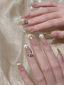 Uñas postizas usables con forma de corazón de aurora, desmontables, para novia, uñas postizas largas de color dorado pálido, suministros para uñas. uñas falsas uña falsa uña acrílica