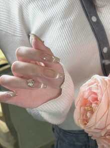 Uñas postizas usables con forma de corazón de aurora, desmontables, para novia, uñas postizas largas de color dorado pálido, suministros para uñas. uñas falsas uña falsa uña acrílica