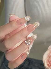 Uñas postizas usables con forma de corazón de aurora, desmontables, para novia, uñas postizas largas de color dorado pálido, suministros para uñas. uñas falsas uña falsa uña acrílica