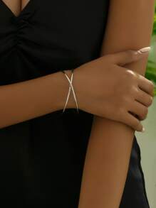 1入組女性個性化金屬手鐲,雙背帶,時尚多層簡約風格幾何打開設計手環配件