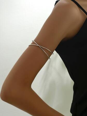 1入組女性個性化金屬手鐲,雙背帶,時尚多層簡約風格幾何打開設計手環配件