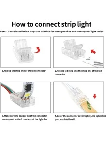 10 LED Light Strip Connectors, 3-Pin, Gapless, Solderless, Pair To Line Quick Connectors, Universal For 10mm Waterproof And Non Waterproof WS2811 WS2812B LED Light Strips - White - View 4