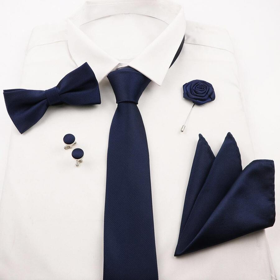 5 件套男士经典商务纯色领带、领结、口袋巾、袖扣和胸花组合套装，适合婚礼庆典和日常西装休闲情人节情人节男士领带 - 藏蓝色 - 查看 1