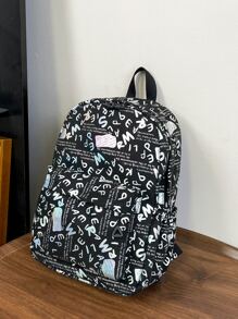 1pc Nylon Large Capacity Graffiti Backpack For Middle School, High School And College Students School Backpack Laptop Backpack Back To School Carry On Backpack Functional - Black - View 3